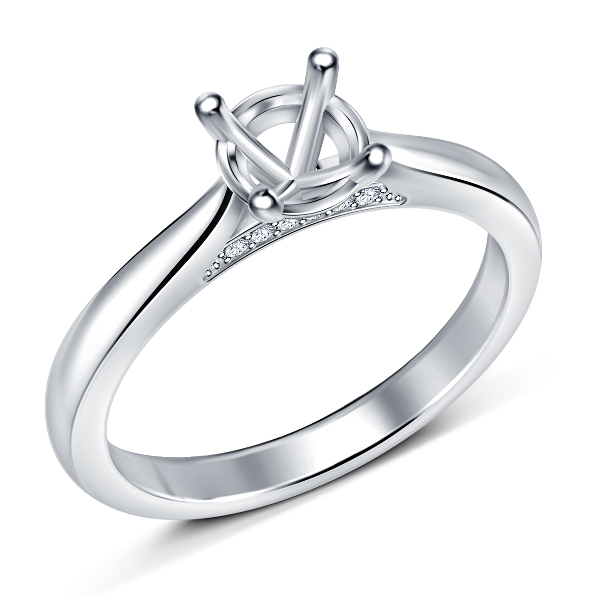 Pave Diamond Bridge Solitaire Engagement Ring in 14K White Gold