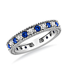14K White Gold Round Diamond and Blue Sapphire Milgrain Ring