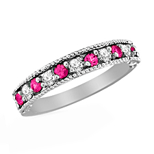14K White Gold Pink Sapphire and Diamond Ring with Milgrain Border