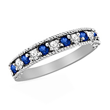 14K White Gold Blue Sapphire and Diamond Ring with Milgrain Border