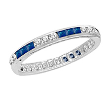 Princess Cut Blue Sapphire And Round Diamond Eternity Band In 14K White Gold