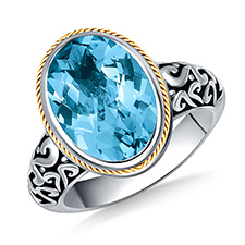 Blue Topaz Oval Gemstone Ring Engraved in Sterling Silver and 18K Yellow Gold