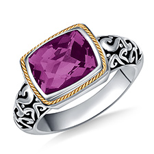 Amethyst Cushion Cut Gemstone Ring Engraved in Sterling Silver and 18K Yellow Gold