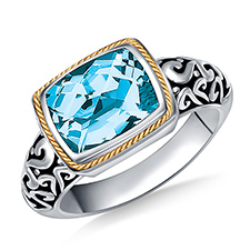 Blue Topaz Cushion Cut Gemstone Ring Engraved in Sterling Silver and 18K Yellow Gold
