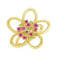 Multi Gemstone Flower Ring Daisy with Peridot and Tourmaline in 14K Yellow Gold