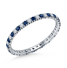 Blue Sapphire Gemstone and Diamond Comfort Fit Eternity Band in 14K White Gold