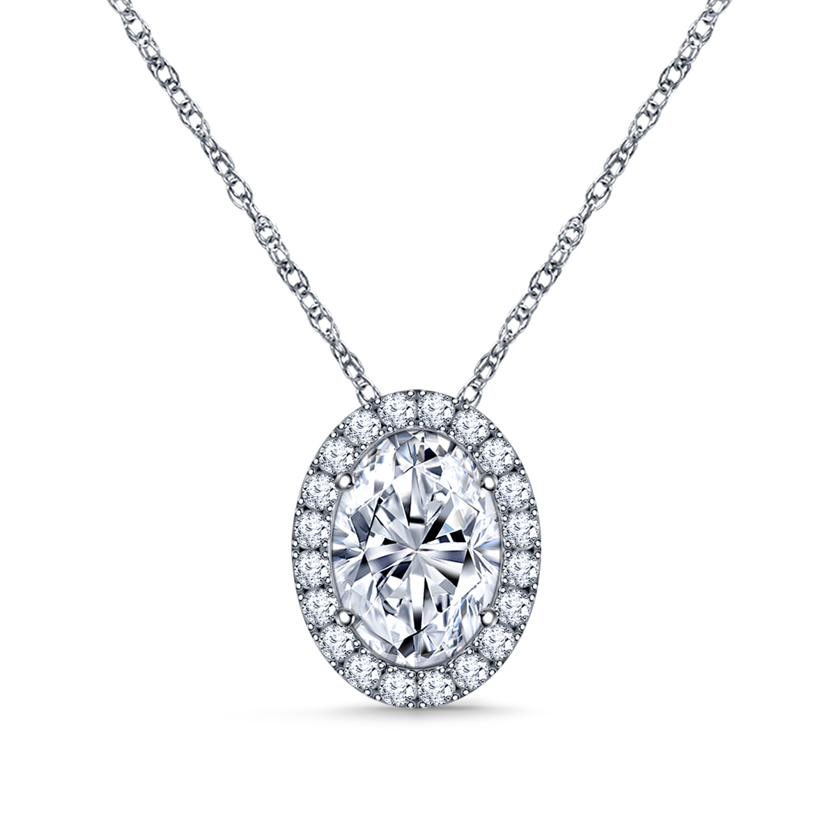 Fancy Oval Diamond Slide Pendant With Prong Setting And Prong Halo In 14K White Gold