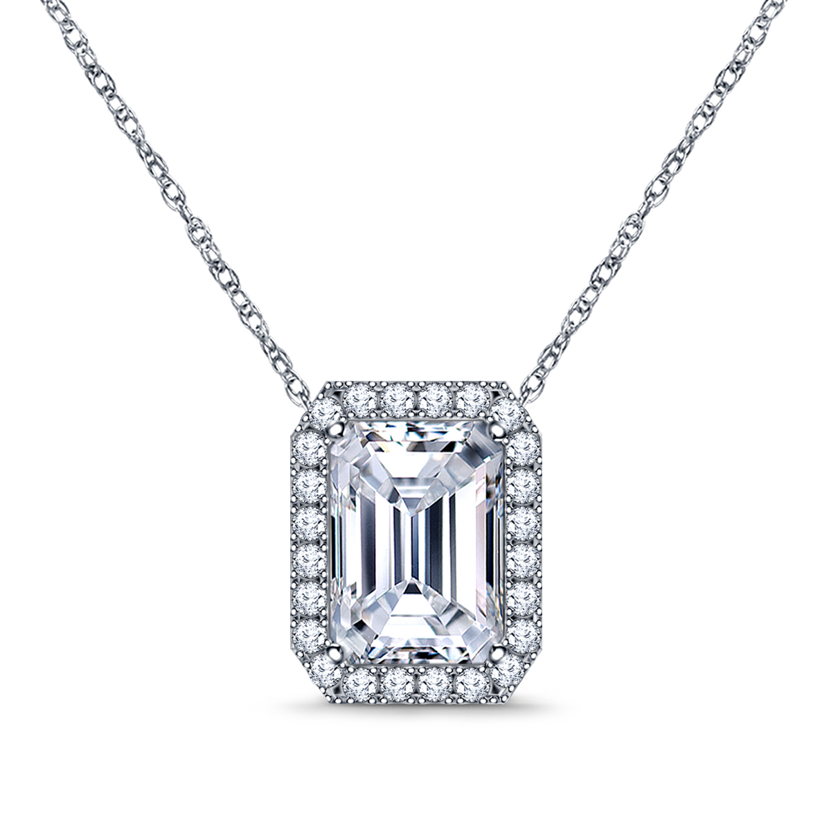 Fancy Rectangular Shape Diamond Slide Pendant With Prong Setting Halo In 14K White Gold