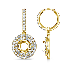 Diamond Drop Hoop Earrings with Split Prong Setting Double Halo in 18K Yellow Gold