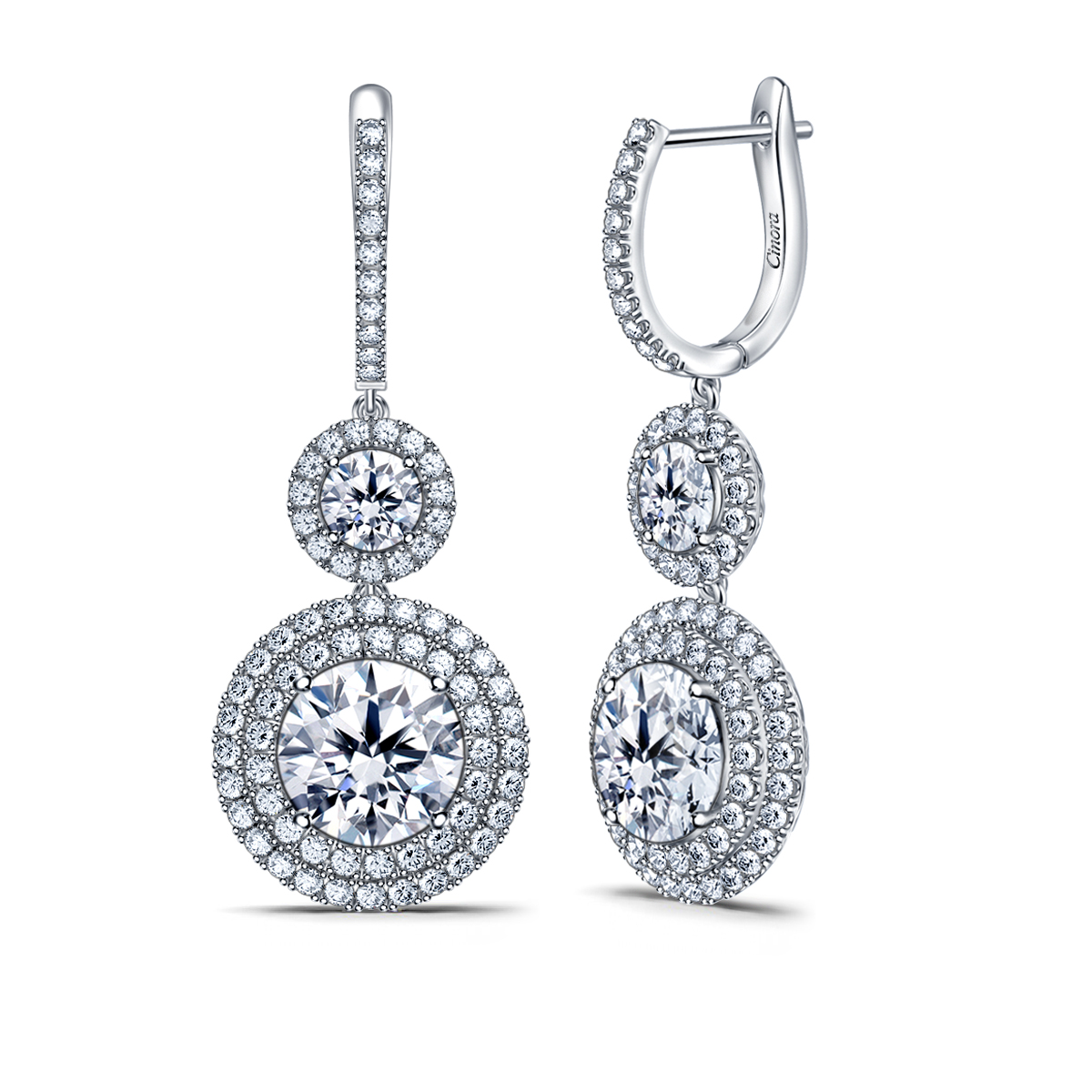 Double Halo Round Diamond Dangling Earrings with French Hoop in 18K ...