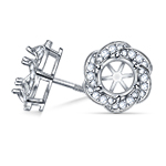 Floral Halo Swirl Stud Earrings in 14K White Gold