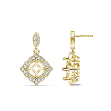 Vintage Inspired Quaterfoil Diamond Pave Drop Earrings in Basket Settings in 18K Yellow Gold
