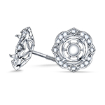 Fancy Vintage Inspired Diamond Pave Halo Stud Earrings with Leaf Motif in 14K White Gold