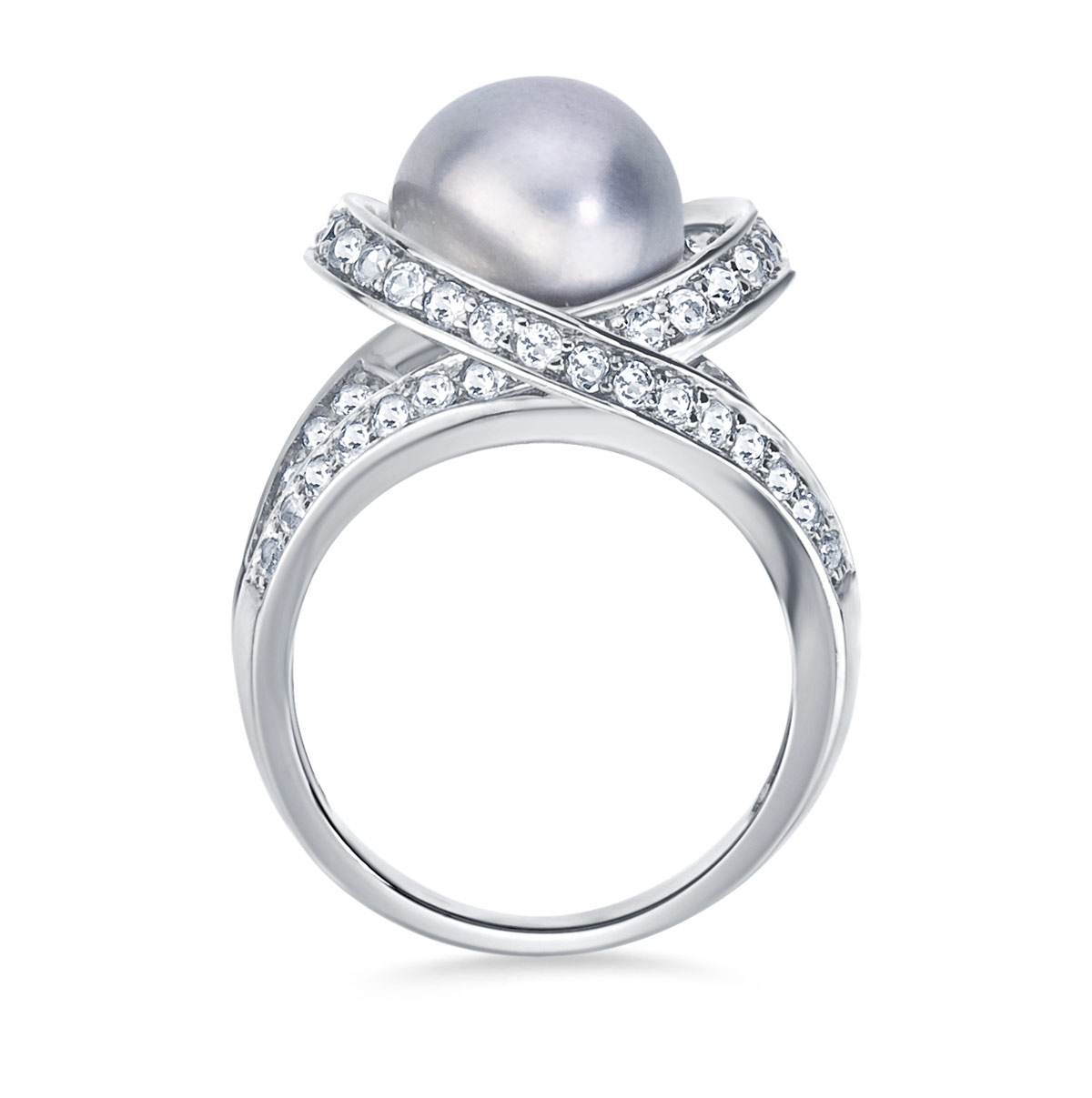 Gray Freshwater Pearl with White Topaz Orbit Ring in Sterling Silver with Rhodium Finish view 2