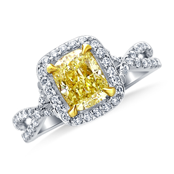 Fancy Light Yellow Canary Cushion Cut Diamond Crossover Twist Ring in 18K White Gold