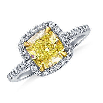 Fancy Yellow Cushion Cut Diamond Halo Ring in 18K White Gold