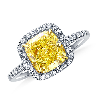Fancy Yellow Canary Cushion Cut Diamond Halo Ring in 18K White Gold