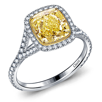 Fancy Yellow Cushion Cut Diamond Cathedral Engagement Ring in 18K White Gold
