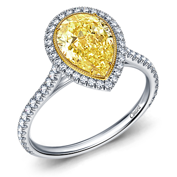 Fancy Cut Pear Yellow Diamond Halo Engagement Ring in 18K White Gold