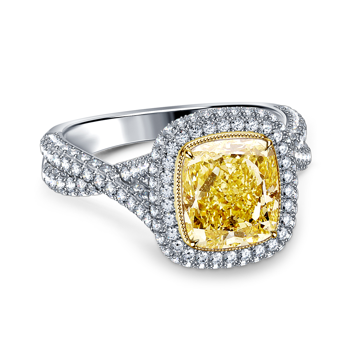 Exquisite Cushion Fancy Cut Yellow Diamond Engagement Ring in 18K White Gold view 3