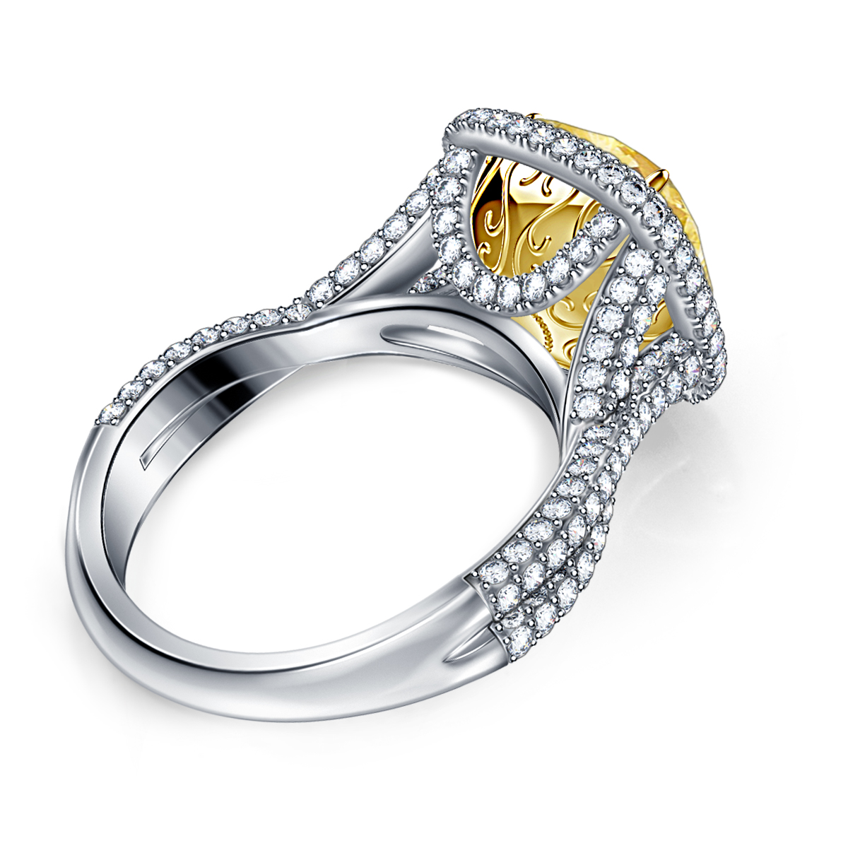 Exquisite Cushion Fancy Cut Yellow Diamond Engagement Ring in 18K White Gold view 4