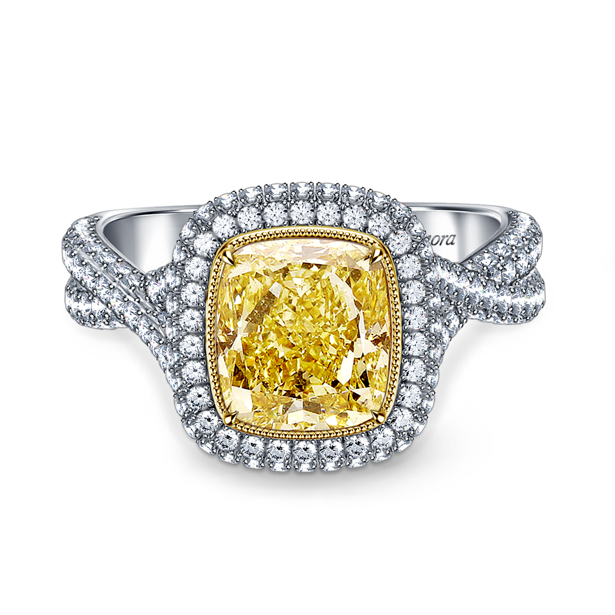 Exquisite Cushion Fancy Cut Yellow Diamond Engagement Ring in 18K White Gold view 2