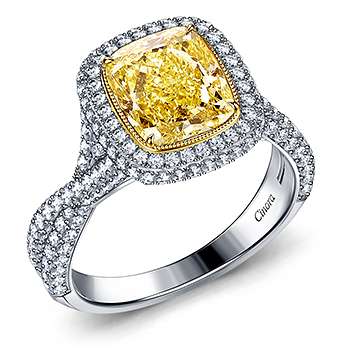 Exquisite Cushion Fancy Cut Yellow Diamond Engagement Ring in 18K White Gold