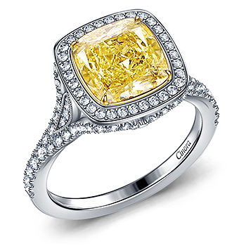 Fancy Yellow Cushion Cut Diamond Split Shank Engagement Ring in 18K White Gold
