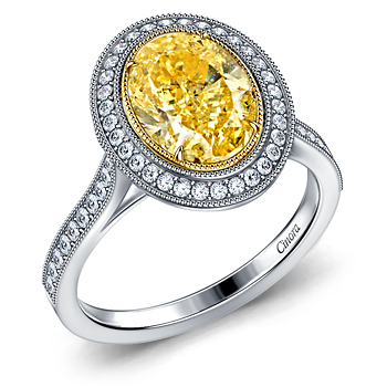 Fancy Vivid Yellow Diamond Vintage Halo Engagement Ring with Floral Motif in 18K White Gold