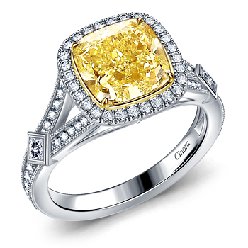 Vintage Inspired Yellow Cushion Cut Diamond Engagement Ring with Split Shank in 18K White Gold