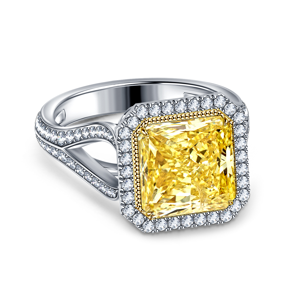 Enchanting Fancy Radiant Cut Yellow Diamond Engagement Ring with Split Shank in 18K White Gold view 3