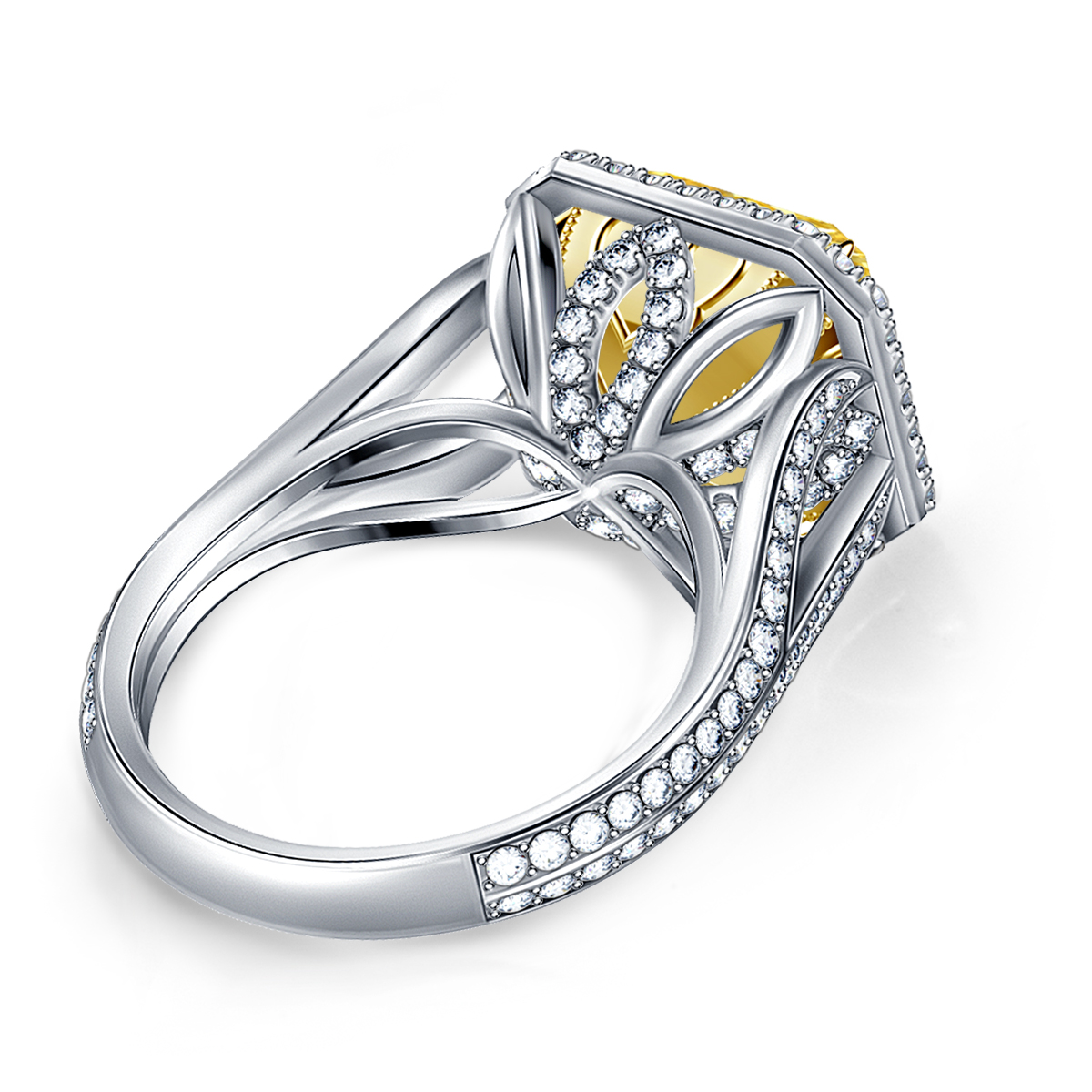 Enchanting Fancy Radiant Cut Yellow Diamond Engagement Ring with Split Shank in 18K White Gold view 4