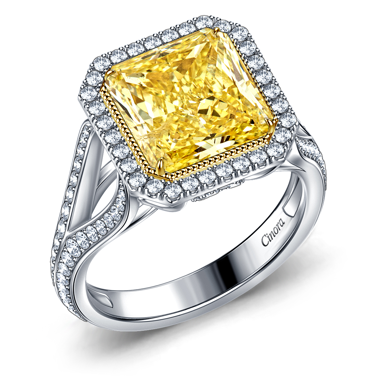 Enchanting Fancy Radiant Cut Yellow Diamond Engagement Ring with Split