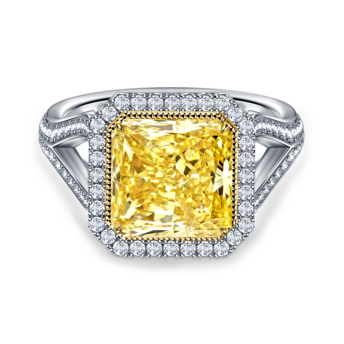 Enchanting Fancy Radiant Cut Yellow Diamond Engagement Ring with Split Shank in 18K White Gold view 2