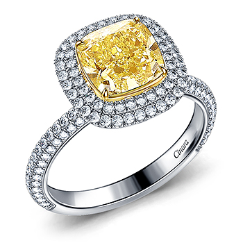 Double Halo Fancy Yellow Cushion Cut Diamond Engagement Ring with Pave Shank in 18K White Gold