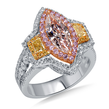 Fancy Multicolored Diamond Halo Ring in 18K Three Tone Gold (3 1/2 cttw.)