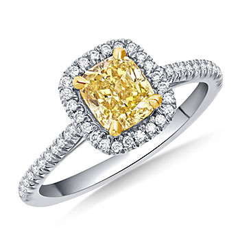 Cushion Shaped Fancy Yellow Diamond Halo Ring in 18K Two Tone Gold (1 1/3 cttw.)