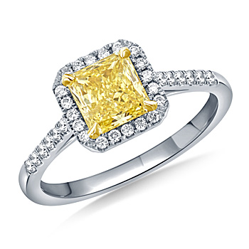 Fancy Intense Yellow Radiant Cut Diamond Halo Ring in 18K Two Tone Gold (1 3/8 cttw.)