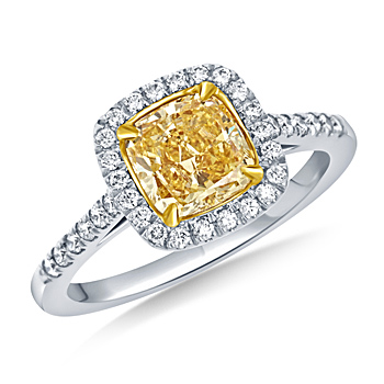 Cushion Cut Fancy Intense Yellow Diamond Halo Ring in 18K Two Tone Gold (1 5/8 cttw.)