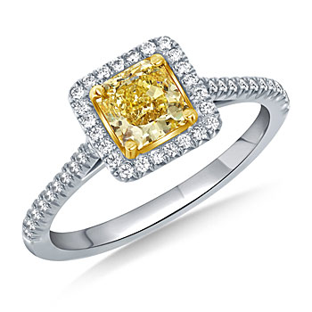 Fancy Intense Yellow Radiant Cut Halo Set Ring Crafted in 18K Two Tone Gold (1 1/8 cttw.)
