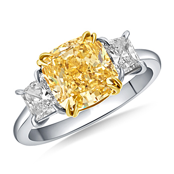 Fancy Intense Yellow Cushion Three Stone with Trapezoid Ring in Platinum & 18K Yellow Gold
