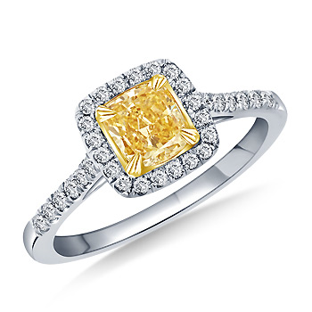 Fancy Yellow Cushion Cut Halo Ring in 14K Two Tone Gold (1 1/5 cttw.)