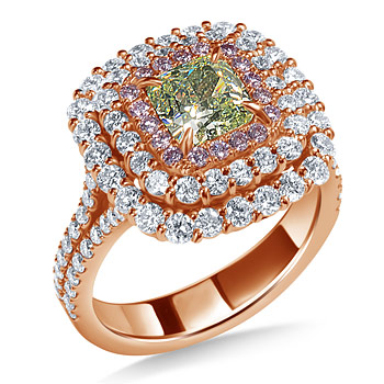 Fancy Yellow Green Diamond with Cushion Cut Halo Ring in 18K Rose Gold (3.00 cttw.)