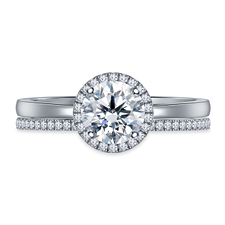 Petite Diamond Halo Cathedral Engagement Ring with Classic Diamond Matching Band in 14K White Gold