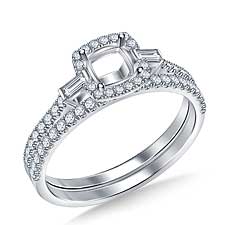 Petite Cushion Halo Side Fancy Cut Diamond Engagement Ring with Matching Band in 14K White Gold