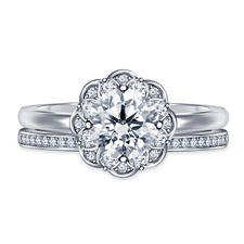 Floral Halo Petite Diamond Engagement Ring with Classic Diamond Wedding Band in 14K White Gold