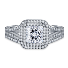 Square Cut Double Halo Split Shank Engagement Ring with Curved Matching Band in 14K White Gold