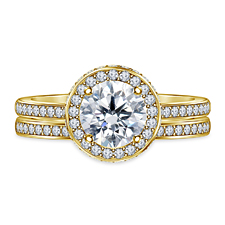 Round Diamond Halo Engagement Ring with Diamond Pave Wedding Band 14K Yellow Gold
