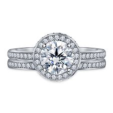 Round Diamond Halo Engagement Ring with Diamond Pave Wedding Band Platinum