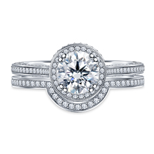 Diamond Halo Cathedral Engagement Ring with Curved Diamond Wedding Band in 14K White Gold